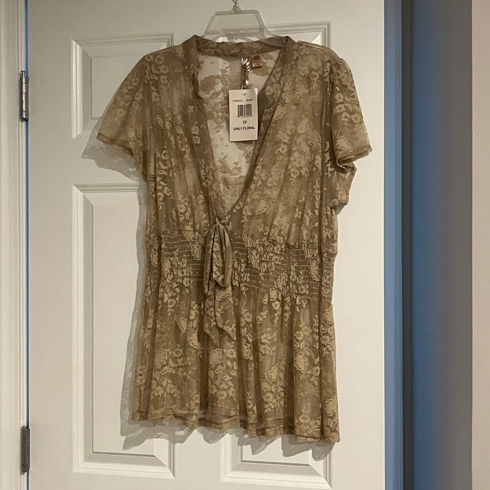 Beige Lace Overlay Top - Plus Size